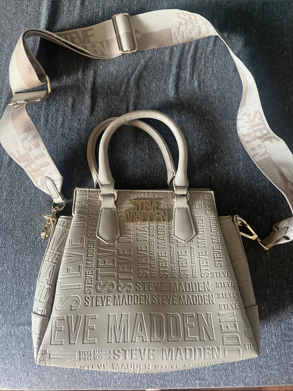 Steve Madden Taupe Embossed Logo Satchel with Detachable Strap